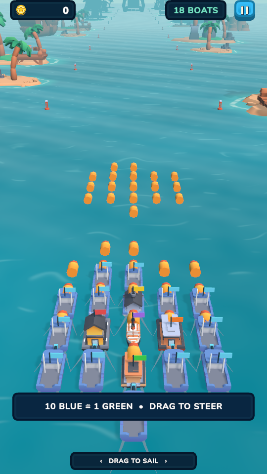 A large mixed fleet sailing toward collectible gold coins